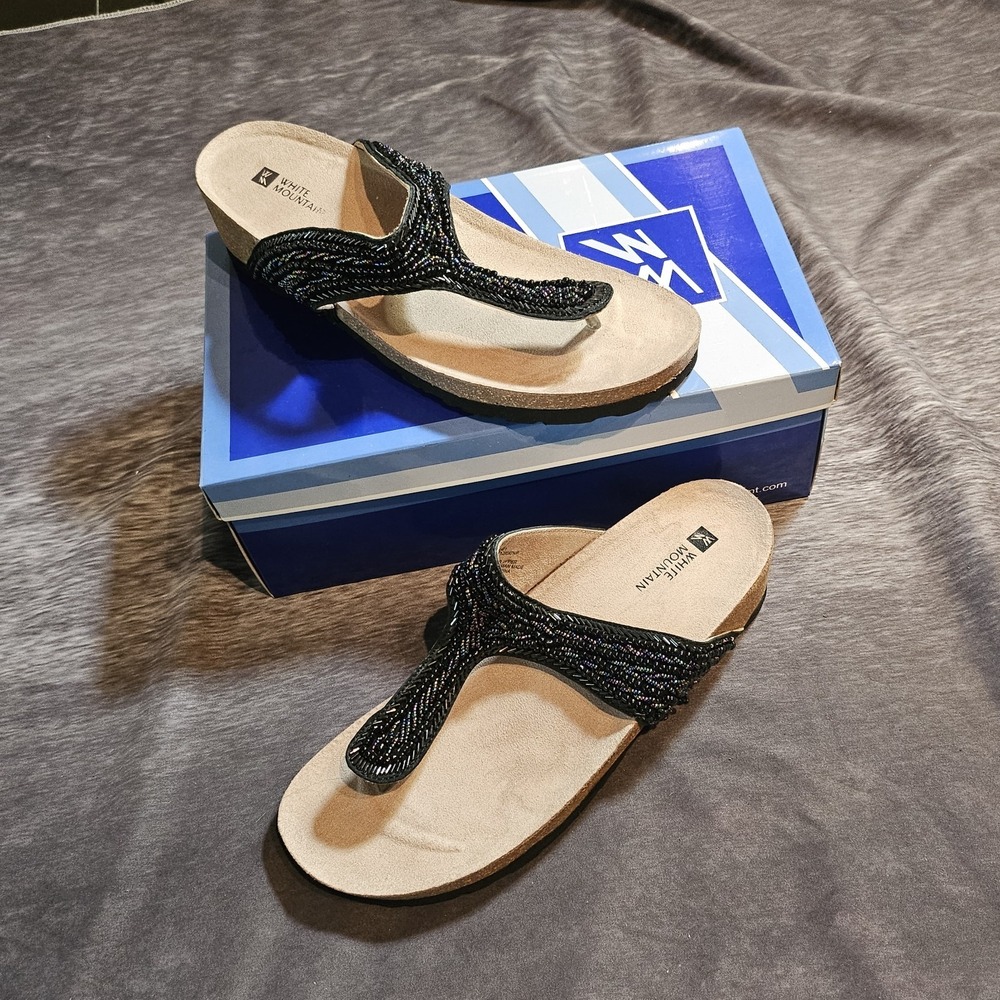 White Mountain Catnip Women 10 Wide Black Beaded Thong Flip Flops Wedge Sandals
